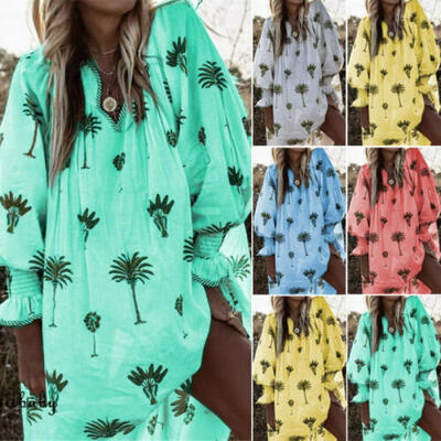 

Womens Casual Floral Mini Dress Long Sleeve Casual Boho Kaftan Tunic Plus Size