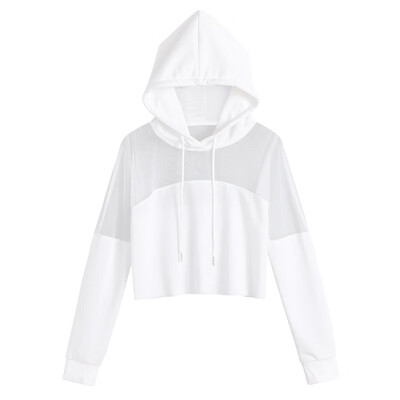 

2019 Women Sweatshirt Sexy Mesh Hoodies Streetwear Harajuku Autumn Patchwork Hoodie Female Cropped Clothes