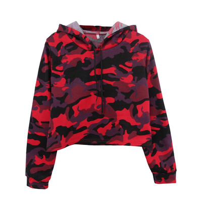 

2019 Women Camouflage Drawstring Hooded Long-sleeved Sweatshirts Autumn Winter Fashion Exposed Navel Plus Velvet Short Hoodies