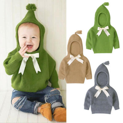 

UK Winter Newborn Kid Baby Girl Knit Hooded Warm Sweater Top Bowknot Cloak New