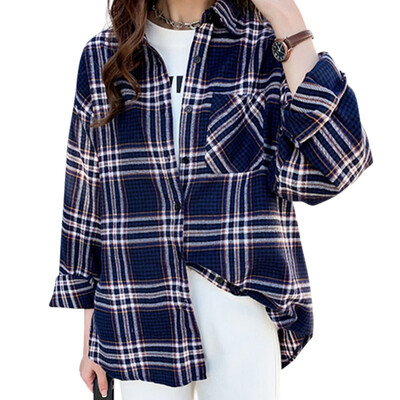 

Korean Plus Size Plaid Pattern Trend Casual Loose Plaid Long-Sleeved Shirt Female Fashion Long Shirt