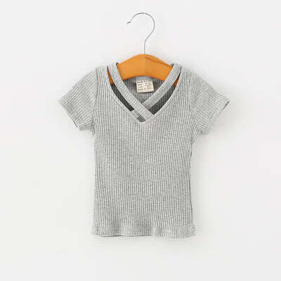 

Summer Baby Girls Candy Color Short Sleeved Kids T-shirt Cotton V-neck Tops