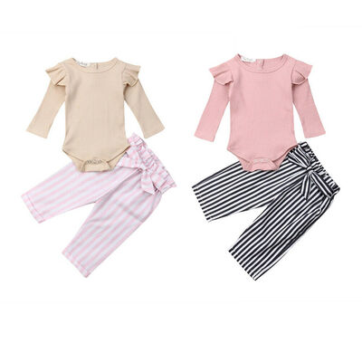 

Newborn Baby Girl Infant Stripe 2pcs Clothes Romper Bodysuit Pants Outfit Set