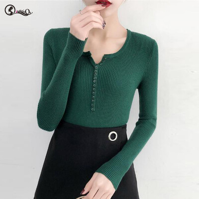 

Autumn Women Sweater NEW New Solid Ladies Sweater Sexy Button Slim V-neck Long-sleeved Knit Pullovers