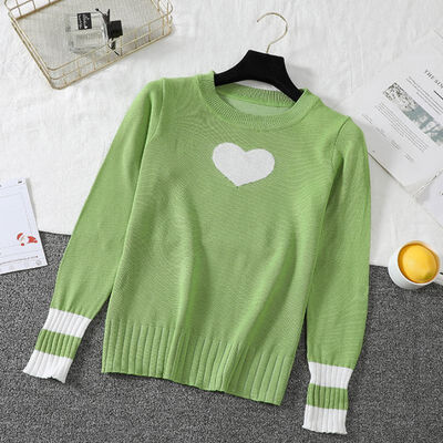 

Autumn Winter Knitted Sweater Women Heart Print Slim Long-Sleeve Pullover Bottomming Tops Knitwear Pink Sweaters pull femme