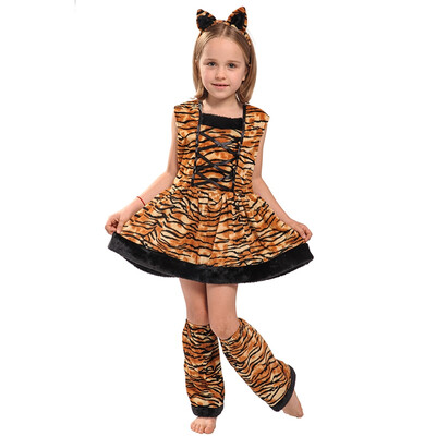 

Kids Halloween Cosplay Party Costume Dress Little Girls Cute Tiger Dress Leg-sleeve With Headband