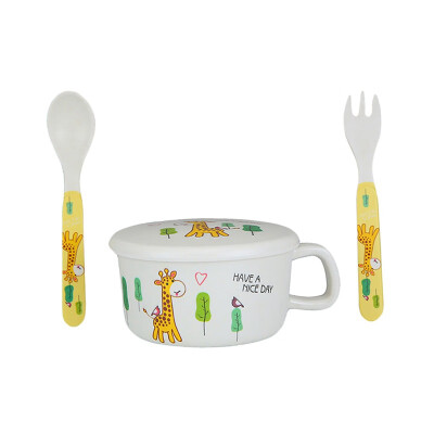 

3Pcs Safety Baby Feeding Tableware Set With Knife Fork Bamboo Fiber Children Tableware Baby Cartoon Bowl Kids Dinner Plate