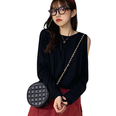 

Women Sexy Off-shoulder Slim T-shirt Tops Round Collar Solid Color Thin Section Long Sleeve Tops