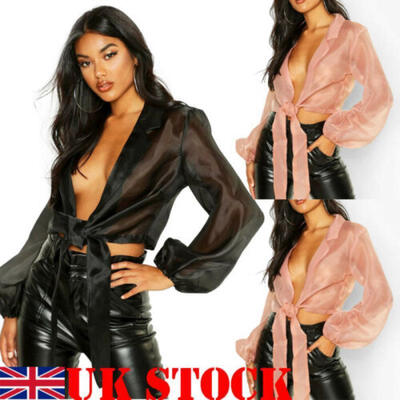

Women Ladies Sheer Mesh Club Top Long Sleeve Blouse See-through Vintage Shirt