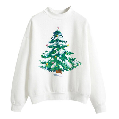 

Halloween Women Brushed Sweatshirt Autumn Winter Long-sleeved Santa Claus Christmas Tree Print Sweatshirt Happy Halloween
