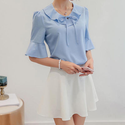 

Elegant Chiffon Womens Blouse O Neck Flare Sleeve Ruffle Shirts Sweet Loose Tops