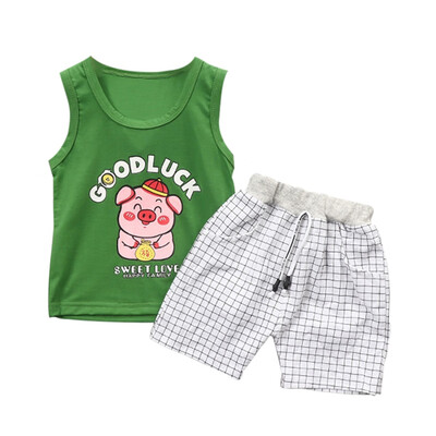 

Baby Clothes Summer Baby Boys Girls Sleeveless Cartoon Letter Print Tops Blouse VestPlaid Shorts Casual Outfits Set Boy Clothes