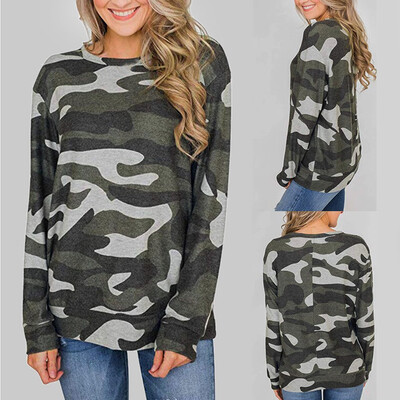 

Tailored Women Casual Camouflage Print Full Sleeve O Neck Pullover Loose Street Blouse