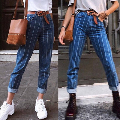 

Gobestart Fashion Womens Stripe Pocket Button Zipper Elastic Slim Fit Casual Jeans Pants