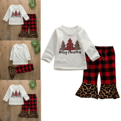 

Newborn Kids Baby Girls Christmas Tops Plaids Leopard Pants Outfits Set