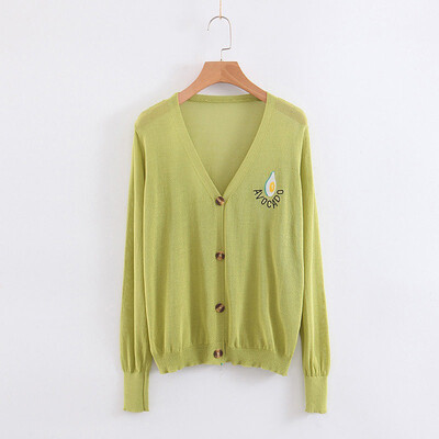 

Korean Style Avocado Pattern Women Knit Cardigan Loose Casual V-neck Long-sleeved Thin Sweater