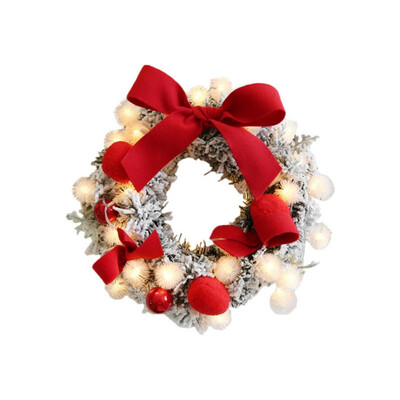 

New Christmas Wreath With LED String Light Bowknot And Plush Balls Decorated Garland For Front Door Window Wall Hanging Decor