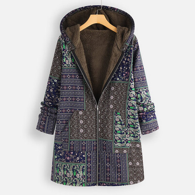 

Toponeto Plus Size Women Winter Warm Printed Pockets Thicker Zipper Hooded Coat Outwear