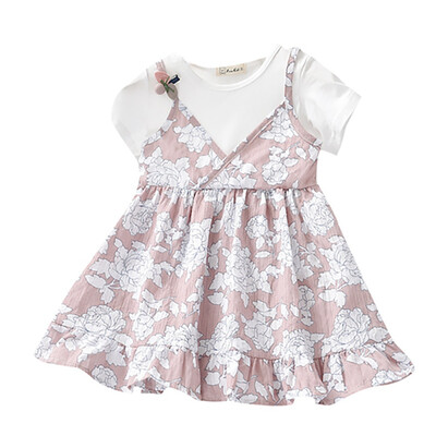 

O-Neck Cute Pink Blue Summer Casual Baby Girls Short Sleeve Fake 2 Piece Floral Pattern Dress Kids Toddler Princess Sundress