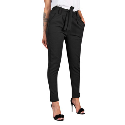 

Women Wild Summer Cotton Casual Stretch Sashes Trousers Elastic Mid Waist Ankle-Length Loose Straight Pencil Pants with Belt