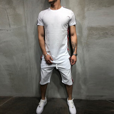 

Toponeto Mens Summer Leisure Stripe Color Collision Short Sleeve Shorts Sports Thin Sets