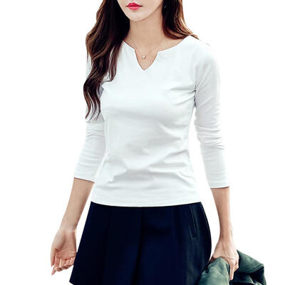 

V-Neck Solid Women T-Shirt Long Sleeve Slim Fit Fashion Autumn Spring Tops