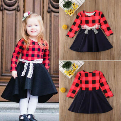 

Toddler Baby Girl Lace Floral Long Sleeve Top Red Plaid Dress Outfits Clothes