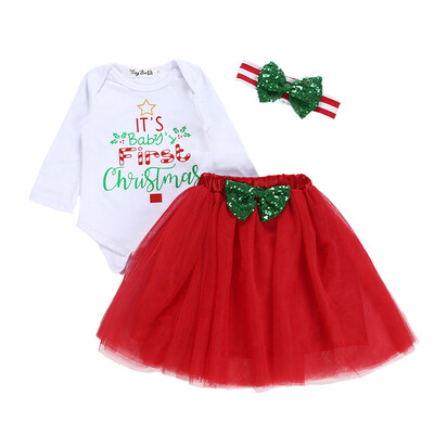 

Girl Baby Long-Sleeved Rompers Christmas Children Clothing New Mesh Skirt Headband 3-piece