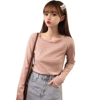 

New harajuku T shirt Women Round Neck Striped Long Sleeve T-shirts For Women Slim Wild Black White T-shirt