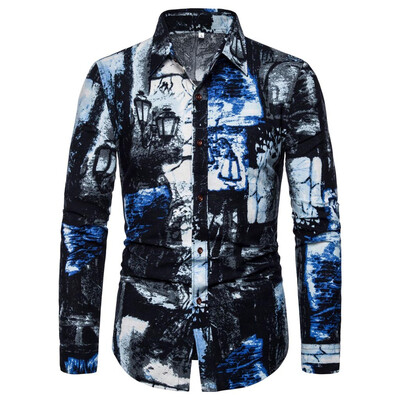 

Toponeto Mens Vintage Ethnic Style Printing Loose Long Sleeve Stand Collar Casual Shirt
