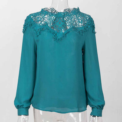 

Sexy Women Summer Solid Lace Hollow Out Blouse Round Neck Collar Long Sleeve Slim Body Casual Fashion Chiffon Blouses