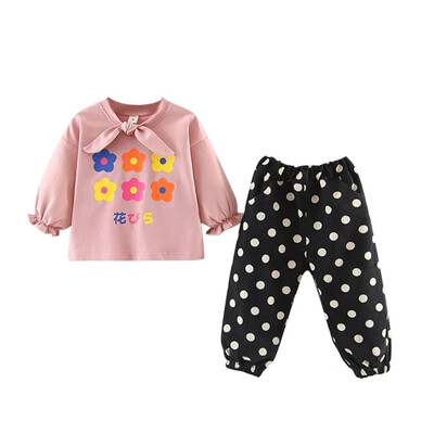 

Children Spring Autumn Cartoon Printed Long Sleeve Sweater Round Collar Casual Tops Dot Print Pants