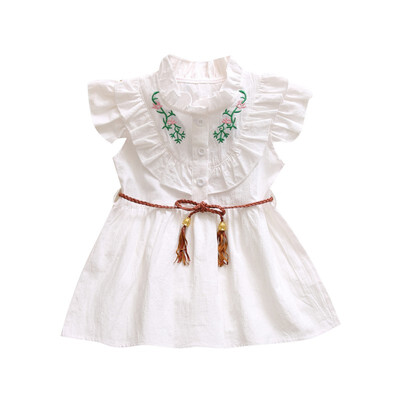 

Summer Girls Dress Doll Collar Cotton Embroidered Print Princess Dress Cute Sweet Short-sleeved Kids Dress With Belt