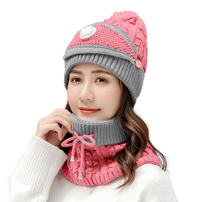 

Autumn&Winter New Womens Hat Fur Ball Head Cap Neck&Mask Three-piece Suit Warm&Cold-proof Woman Knitted Cap