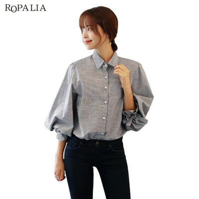 

ROPALIA Fashion Women Long Sleeve Loose Shirts Casual Lantern Sleeve Striped Blouses Tops
