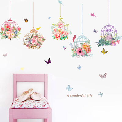 

JPGIF Birdcage Butterfly Flowers Background Wall Decoration Removable Wall Stickers