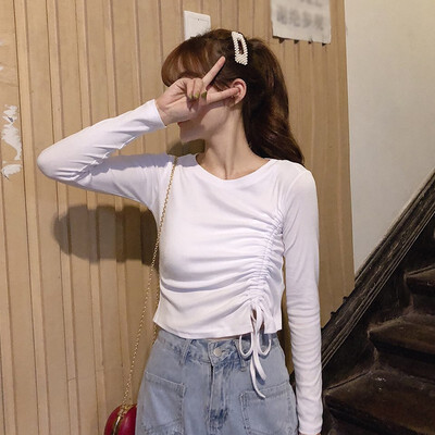 

Women T Shirt Fashion Solid Color Slim Long Sleeve Casual T-Shirt Simple Drawstring Tshirt Wild Short Tee Tops