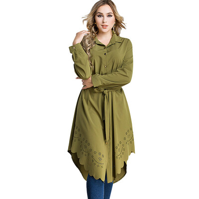 

Women Plus Size Shirt Dress Burning Flowers Hollow Out Irregular Hem Belted Casual Tunic Long Blouse Top
