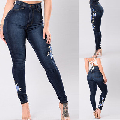 

Gobestart Ladies Embroidered With High Elasticity Straight Barrel And Tight Legs Jean
