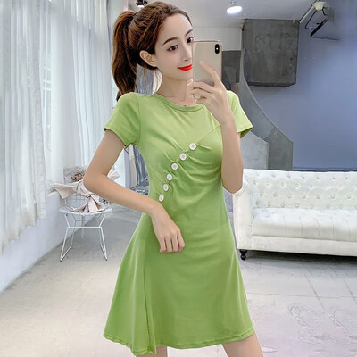 

Sexy Temperament Women Dress Solid Color Wild Round Collar Strap Waist Slim Shirts Short Sleeve Pleat Casual Female Dress