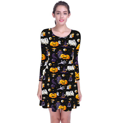 

AKlamater Womens Funny Spider Web Pumpkin Ghost Skull Print Dress Halloween Long Sleeve Dress