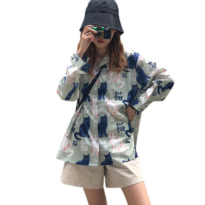

Women Casual Cat Print Long-sleeved Shirt 2019 New Fashion Lapel Women Tops Korean Style Female Loose Blouses blusas mujer