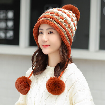 

Tailored Women Winter Warm Print Cap 3 Ball Baggy Knit Crochet Beanie Hat Ski Cap
