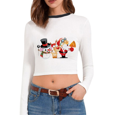 

Christmas T-shirt Santa Claus Christmas Tree Print Multiple Choices Long-Sleeve Cropped tshirt New Hot Women Clothes