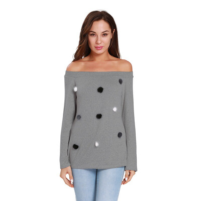 

New Slash Neck Casual Pullovers Sweater Small Wool Ball Decoration Solid Long-sleeve Sweater Autumn Winter