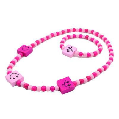 

1 Set Girls Pink Wooden Lovely Smile Beaded Necklace & Bracelet Kids Jewelry