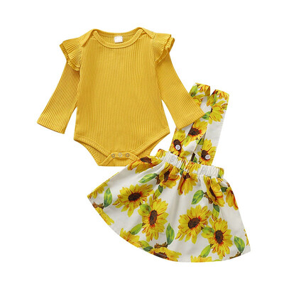 

Autumn Baby Girl Cute Newborn Long Flare Sleeve Romper Strap Flower Skirts Costume Sets