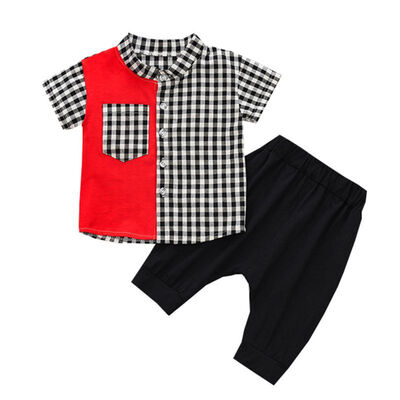 

Summer Baby Boys Clothes Casual Short Sleeve Plaid Patchwork Tops T-shirtShorts kid clothes Sets