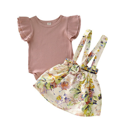 

Summer Baby Girl Newborn Flare Sleeve Romper&Floral Print Suspenders Skirts Costume Sets