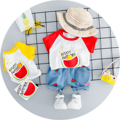 

Watermelon Print Baby Girl Clothes Set Summer Fruit Pattern T-shirt Denim Shorts Fashion Toddler Girls T-shirt Unisex